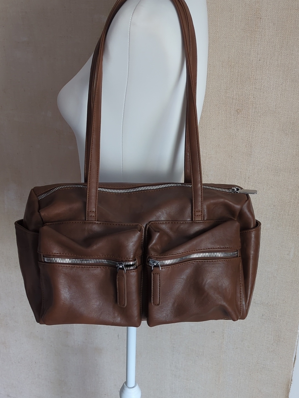 Custom Brown Faux Leather Double Pocket Shoulder Bag
